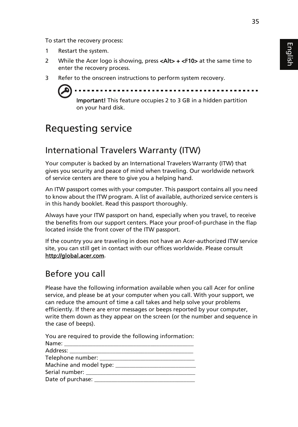Requesting service, International travelers warranty (itw), Before you call | Acer Aspire 5510 User Manual | Page 45 / 96