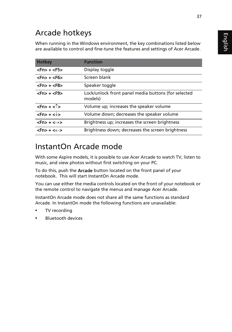 Arcade hotkeys, Instanton arcade mode | Acer Aspire 5510 User Manual | Page 47 / 96