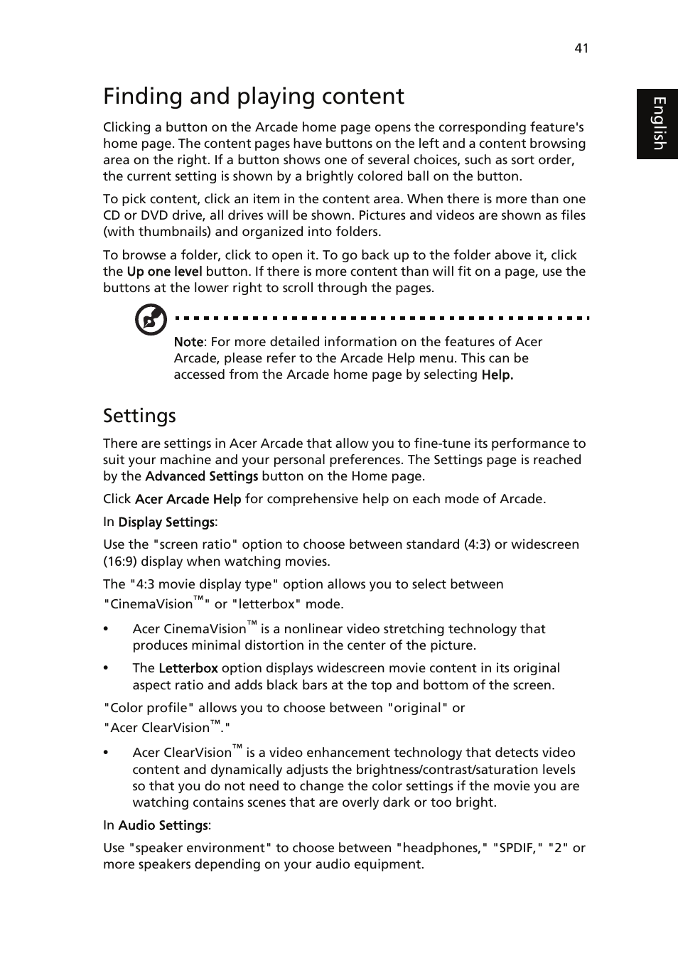 Finding and playing content, Settings | Acer Aspire 5510 User Manual | Page 51 / 96