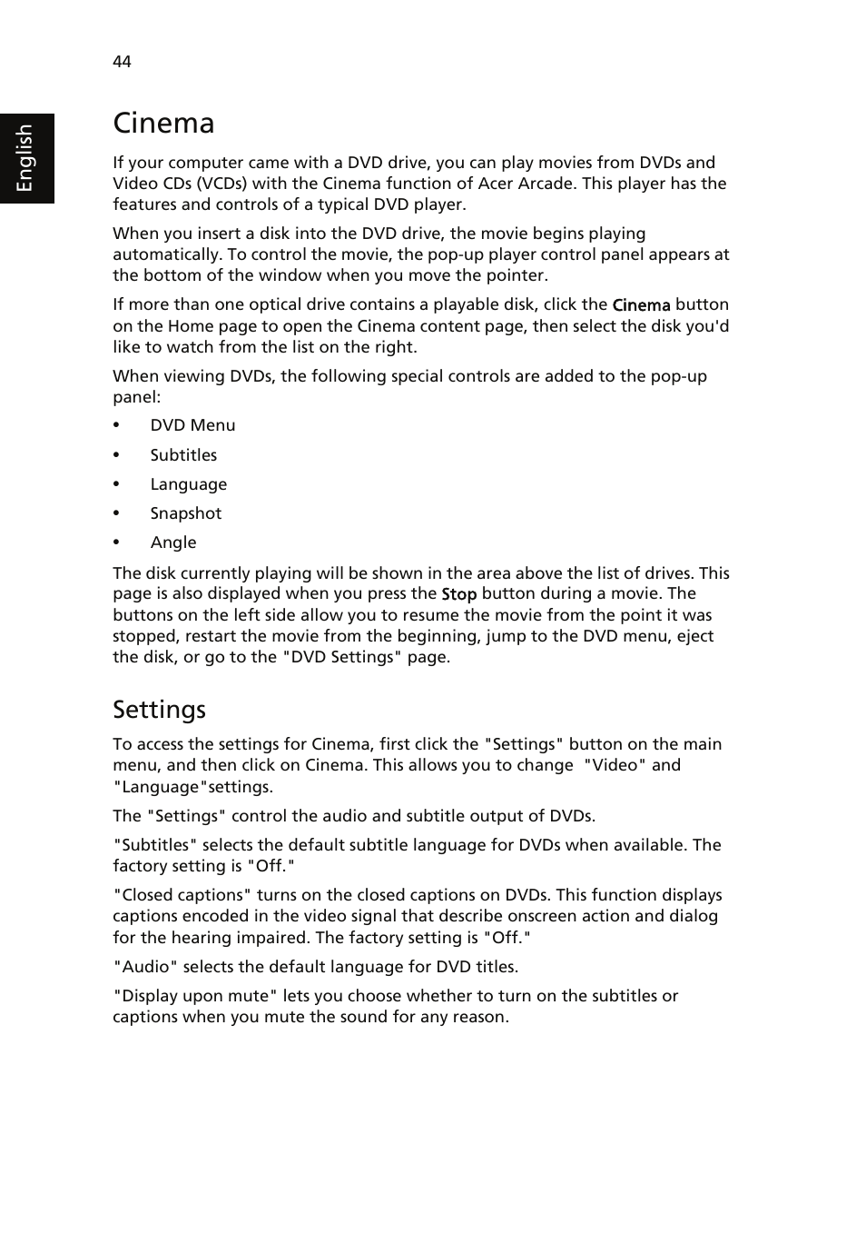 Cinema, Settings | Acer Aspire 5510 User Manual | Page 54 / 96