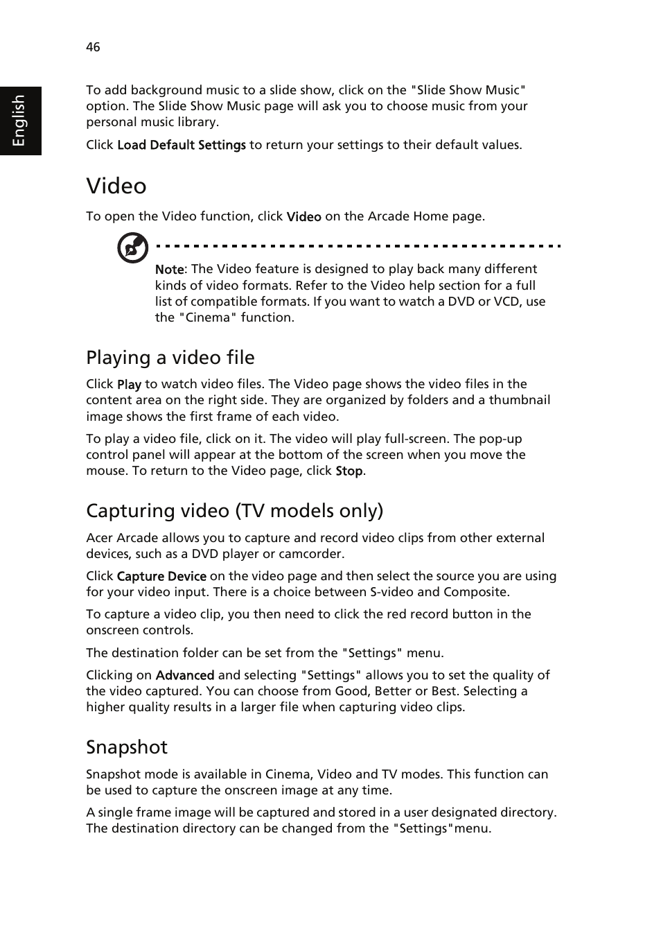 Video, Playing a video file, Capturing video (tv models only) | Snapshot | Acer Aspire 5510 User Manual | Page 56 / 96