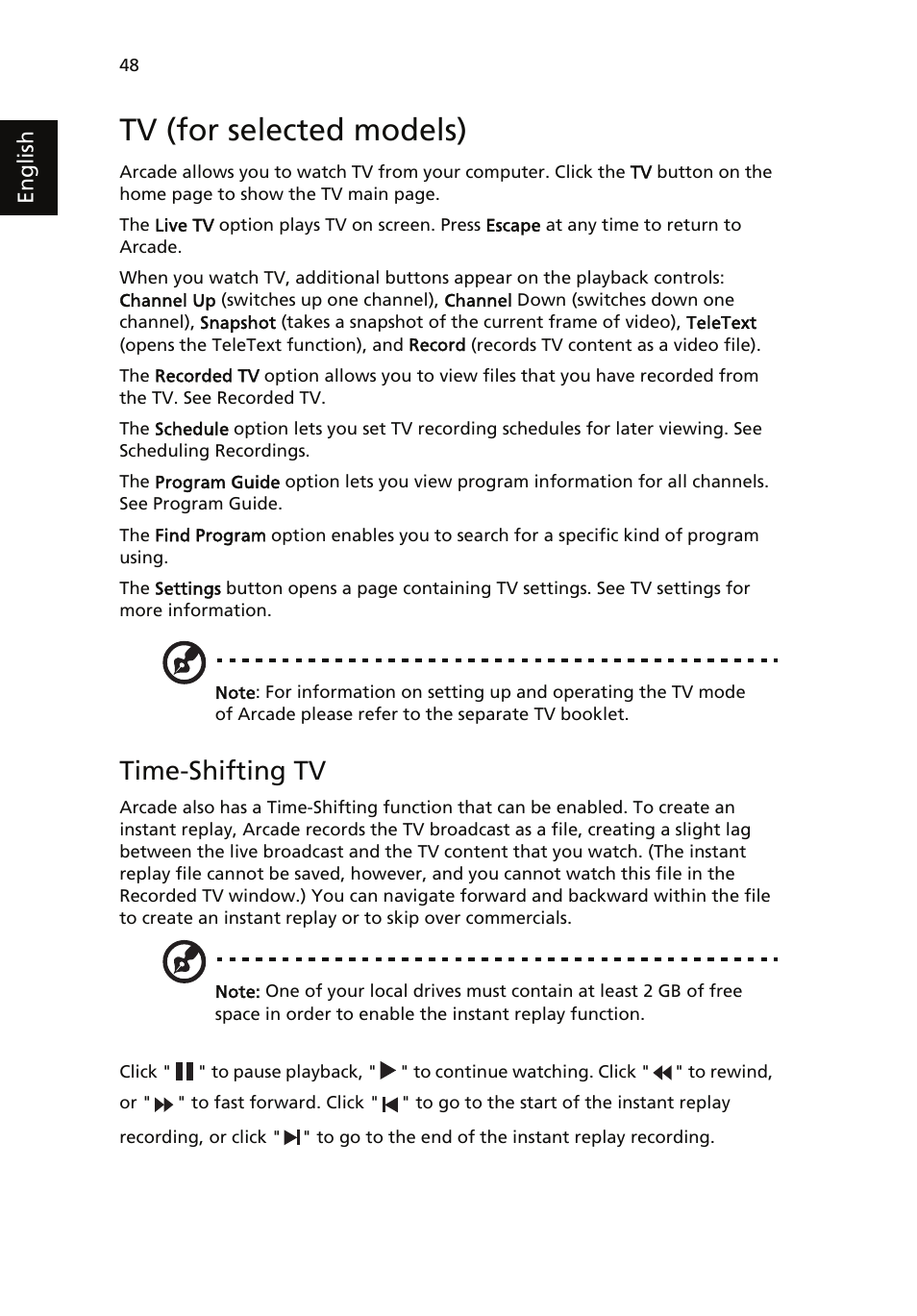 Tv (for selected models), Time-shifting tv | Acer Aspire 5510 User Manual | Page 58 / 96