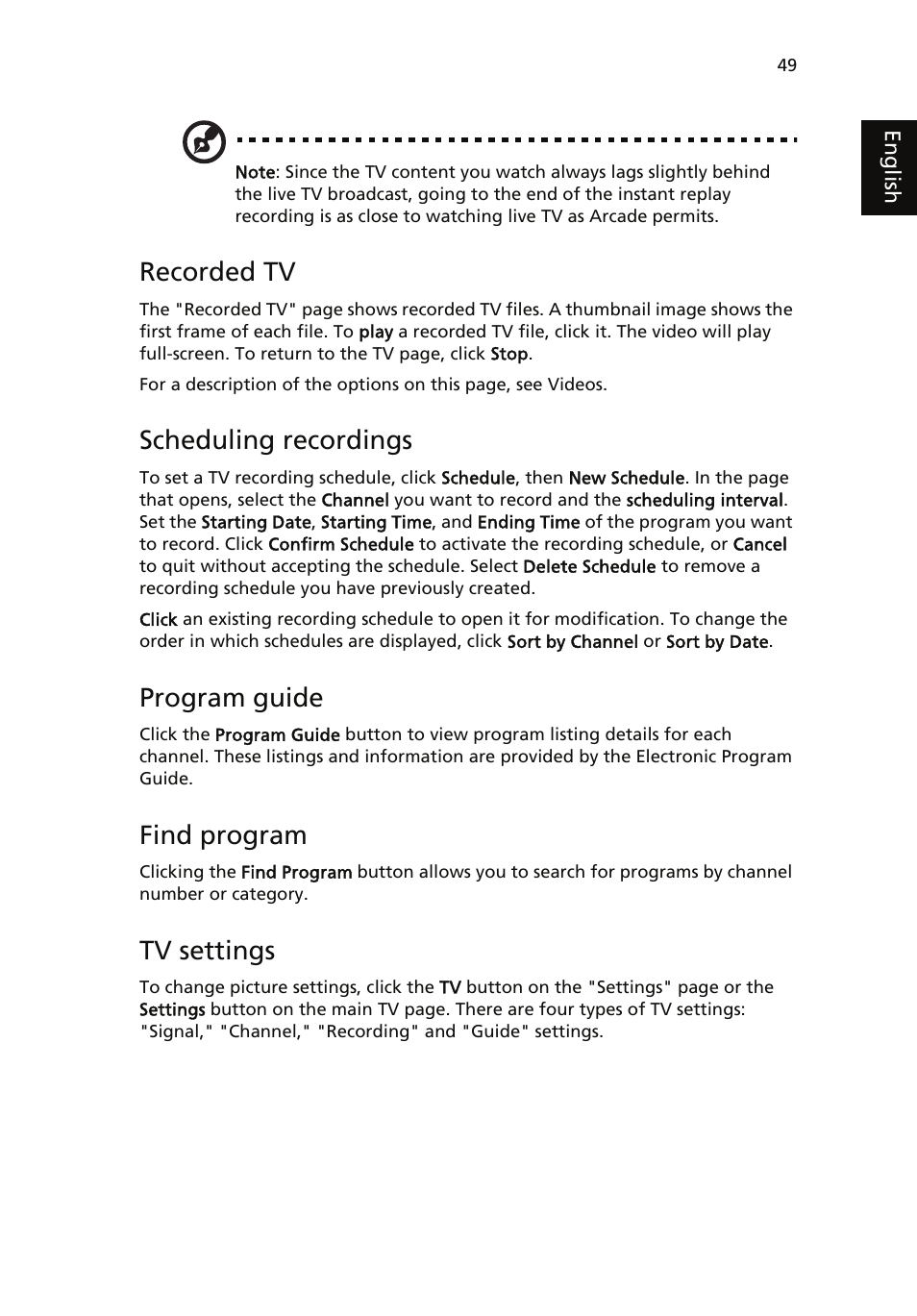 Recorded tv, Scheduling recordings, Program guide | Find program, Tv settings, Using teletext functions | Acer Aspire 5510 User Manual | Page 59 / 96