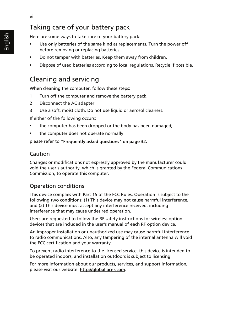 Taking care of your battery pack, Cleaning and servicing | Acer Aspire 5510 User Manual | Page 6 / 96