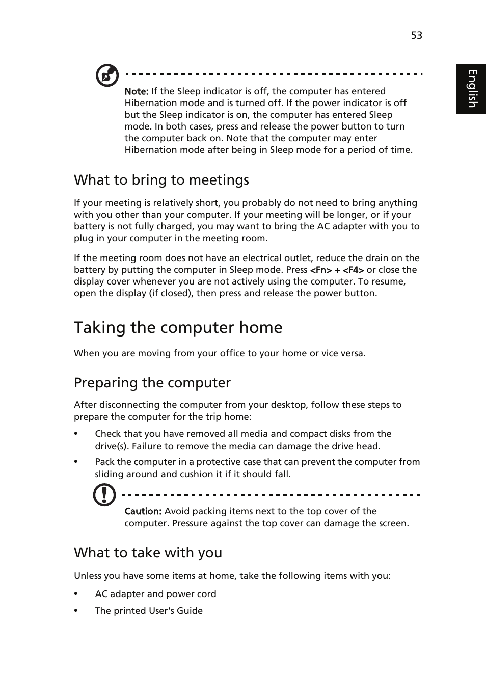 Taking the computer home, Preparing the computer, What to take with you | Special considerations, What to bring to meetings | Acer Aspire 5510 User Manual | Page 63 / 96