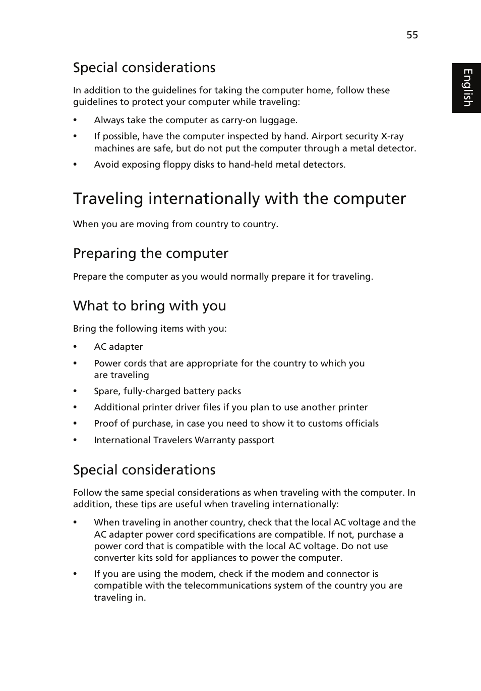 Traveling internationally with the computer, Special considerations, Preparing the computer | What to bring with you | Acer Aspire 5510 User Manual | Page 65 / 96
