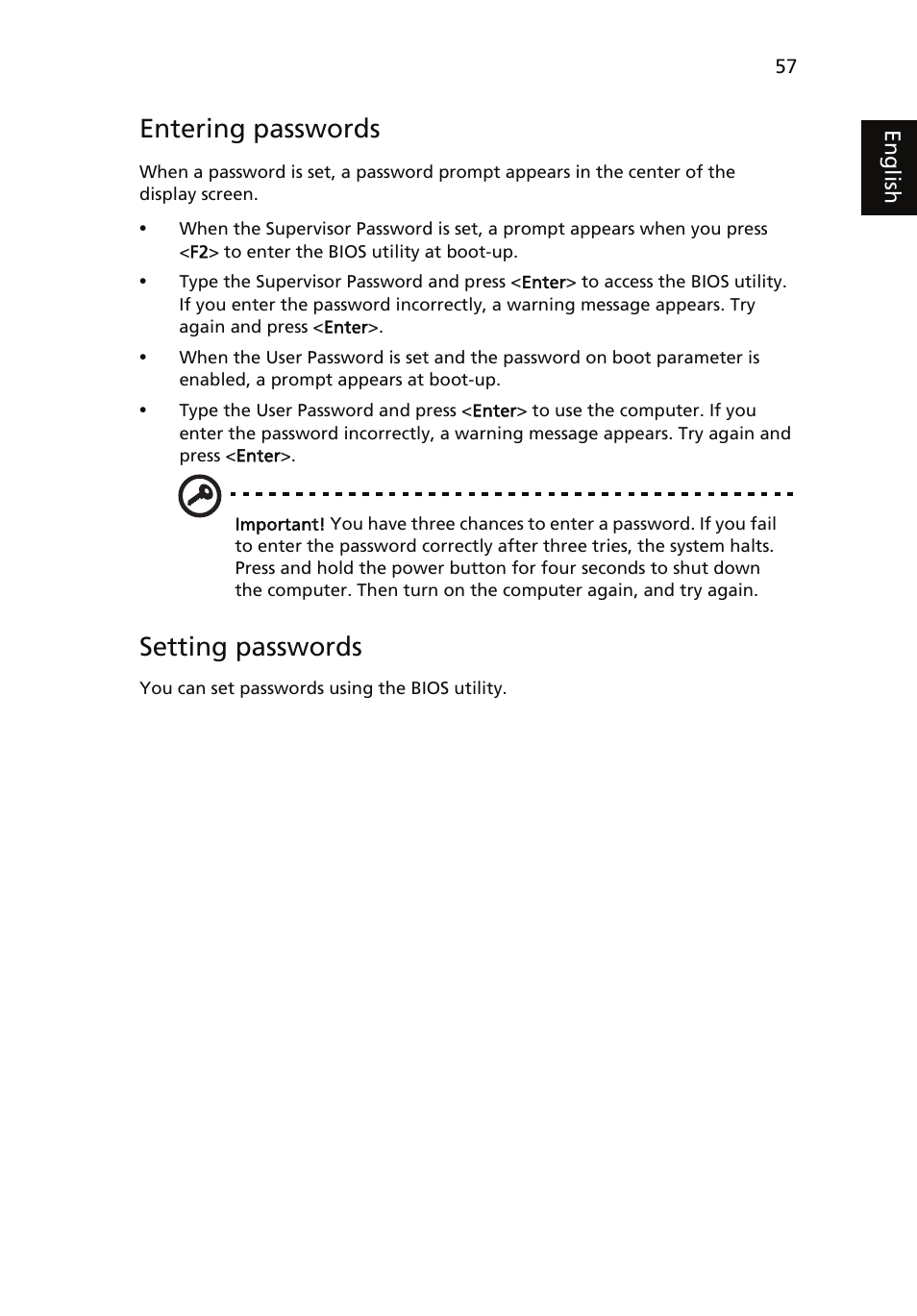 Entering passwords, Setting passwords | Acer Aspire 5510 User Manual | Page 67 / 96