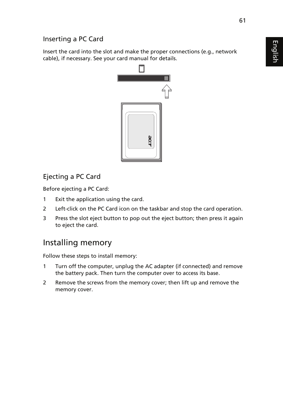 Installing memory | Acer Aspire 5510 User Manual | Page 71 / 96