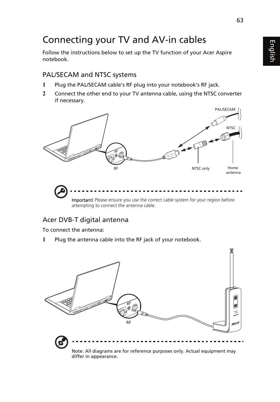 Connecting your tv and av-in cables, Eng lis h, Pal/secam and ntsc systems | Acer dvb-t digital antenna | Acer Aspire 5510 User Manual | Page 73 / 96