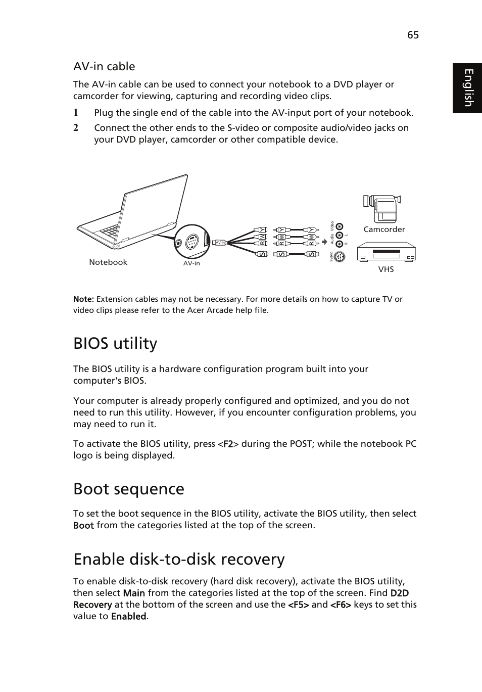 Bios utility, Boot sequence, Enable disk-to-disk recovery | Eng lis h av-in cable | Acer Aspire 5510 User Manual | Page 75 / 96