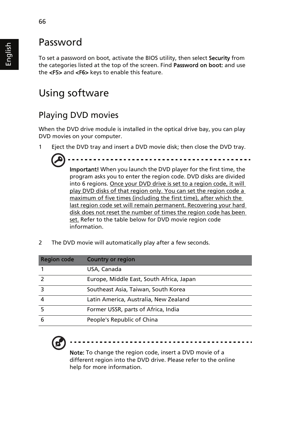 Using software, Password, Playing dvd movies | Acer Aspire 5510 User Manual | Page 76 / 96