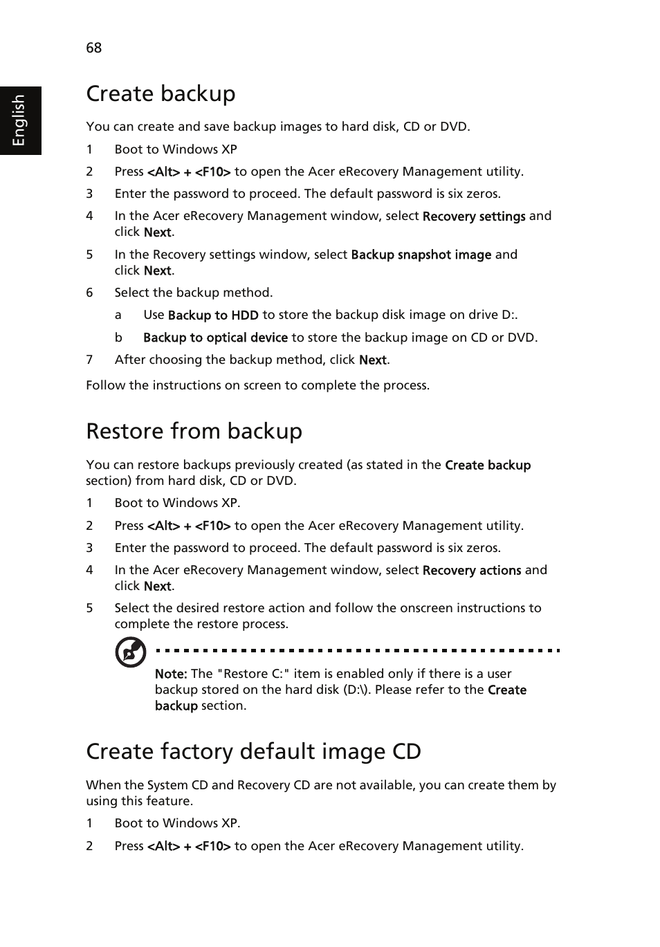 Create backup, Restore from backup, Create factory default image cd | Acer Aspire 5510 User Manual | Page 78 / 96