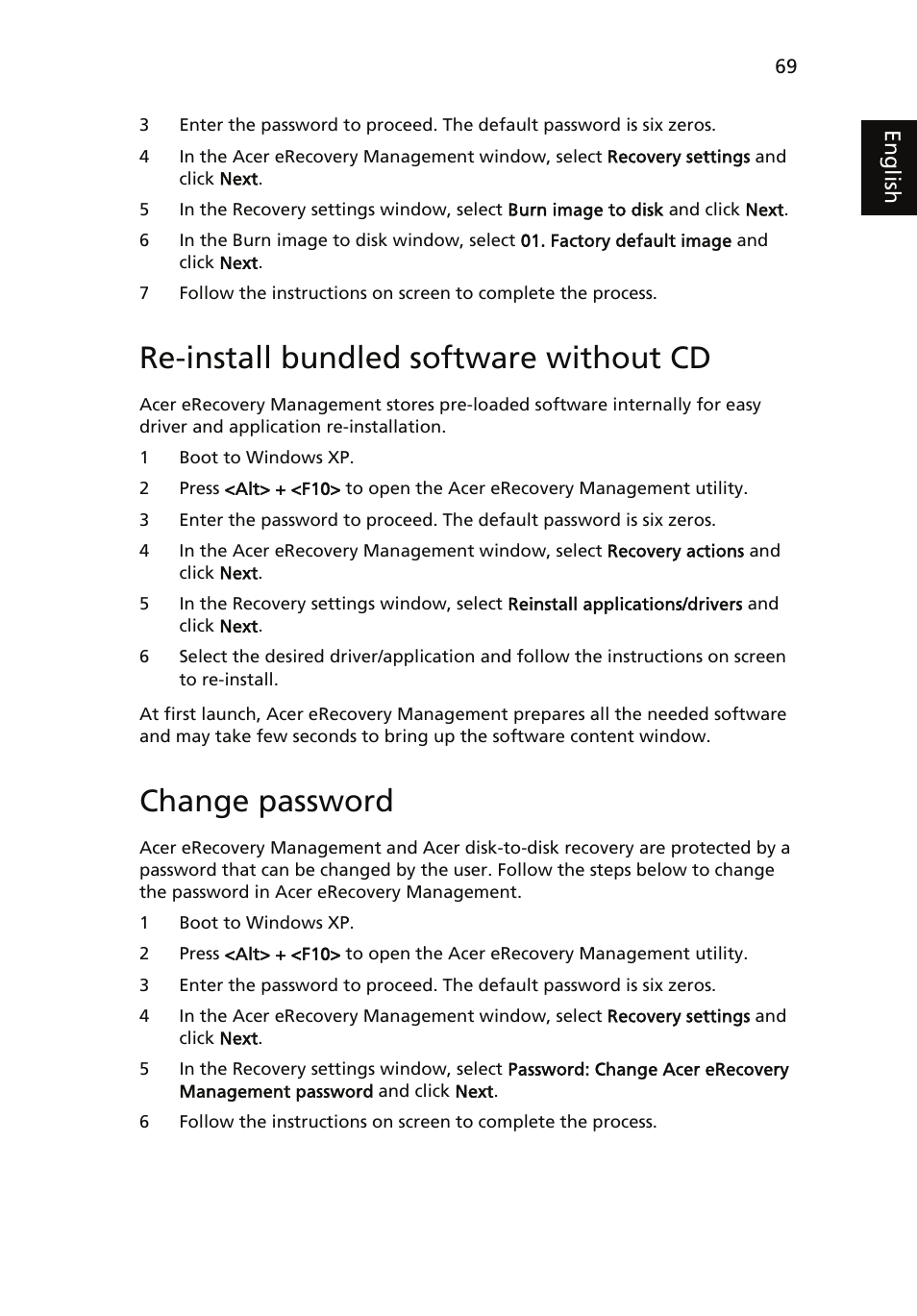 Re-install bundled software without cd, Change password | Acer Aspire 5510 User Manual | Page 79 / 96