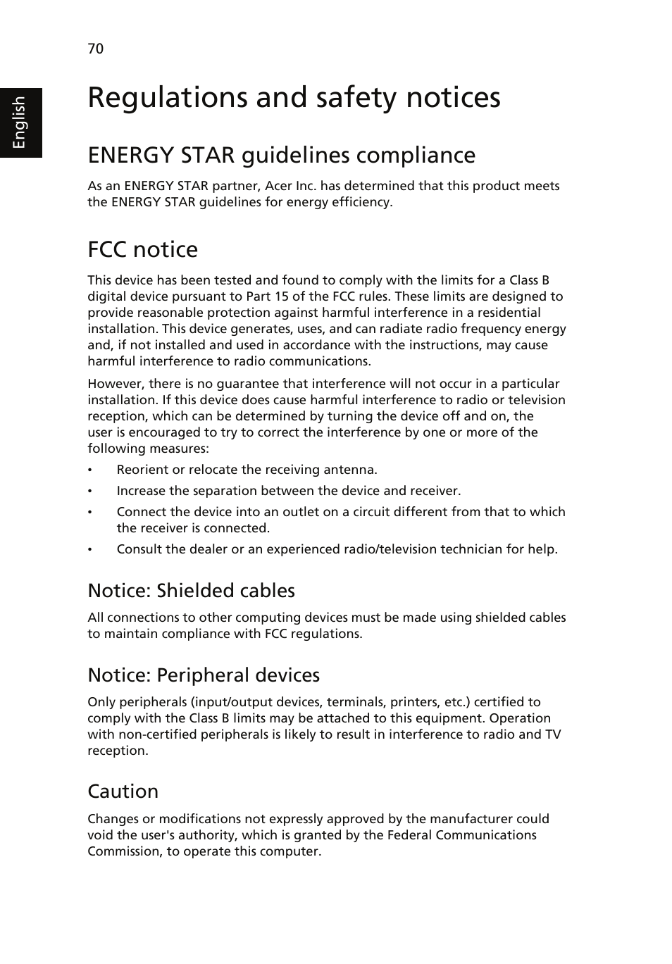 Regulations and safety notices, Energy star guidelines compliance, Fcc notice | Notice: shielded cables, Notice: peripheral devices, Caution | Acer Aspire 5510 User Manual | Page 83 / 96