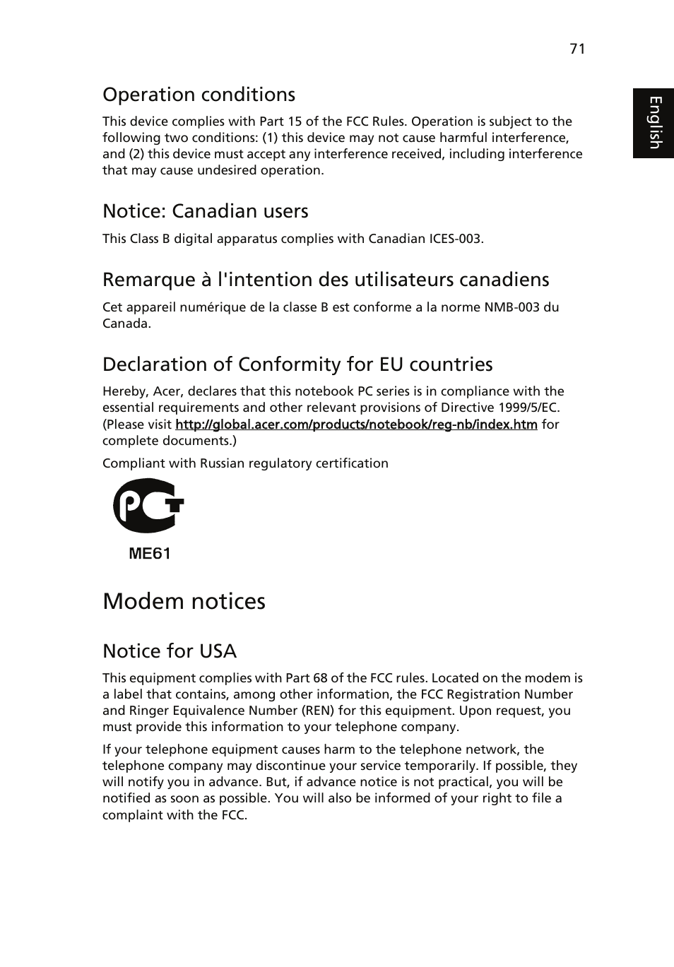 Modem notices, Operation conditions, Notice: canadian users | Remarque à l'intention des utilisateurs canadiens, Declaration of conformity for eu countries, Notice for usa | Acer Aspire 5510 User Manual | Page 84 / 96