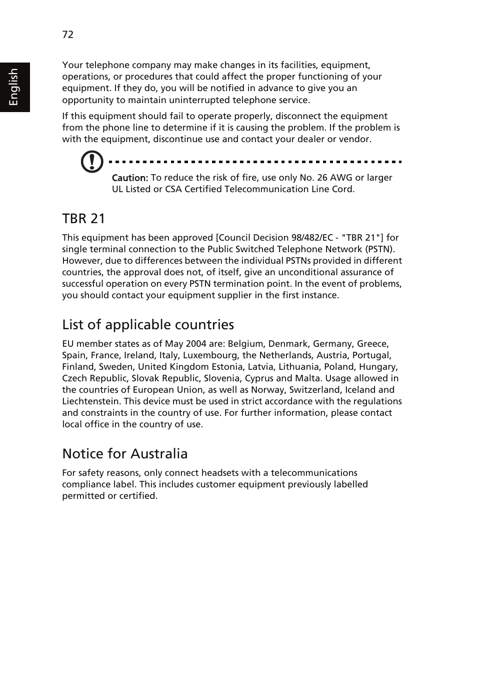 Tbr 21, List of applicable countries, Notice for australia | Acer Aspire 5510 User Manual | Page 85 / 96
