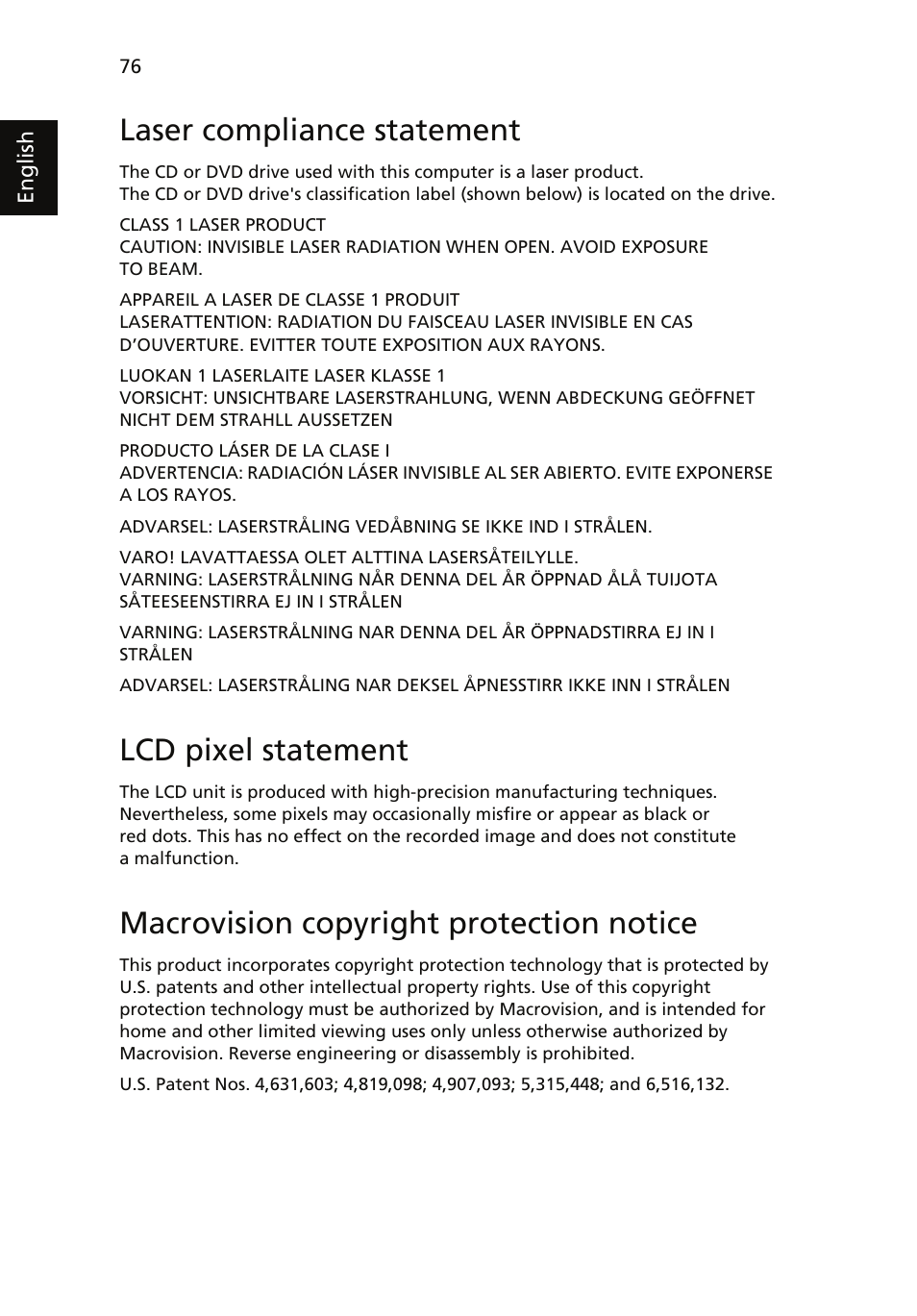 Laser compliance statement, Lcd pixel statement, Macrovision copyright protection notice | Acer Aspire 5510 User Manual | Page 89 / 96