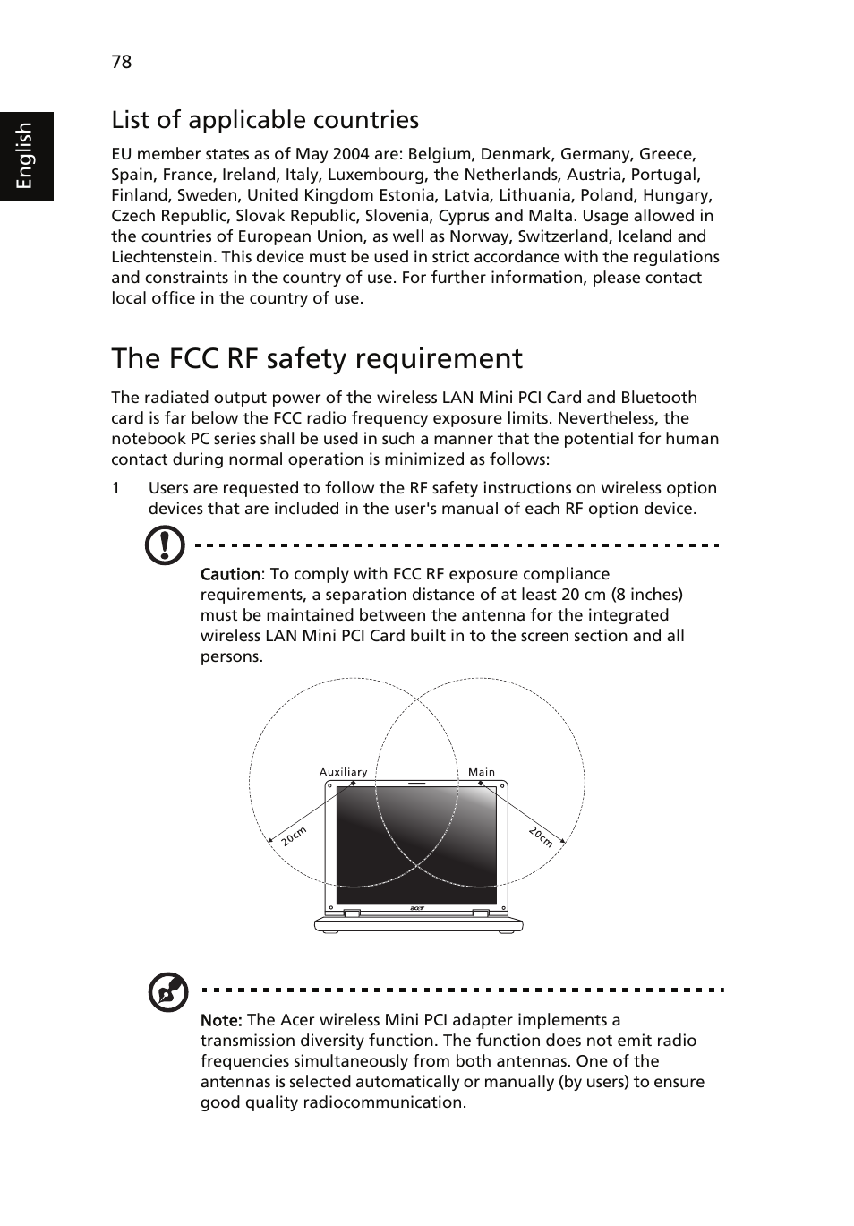 The fcc rf safety requirement, List of applicable countries | Acer Aspire 5510 User Manual | Page 91 / 96