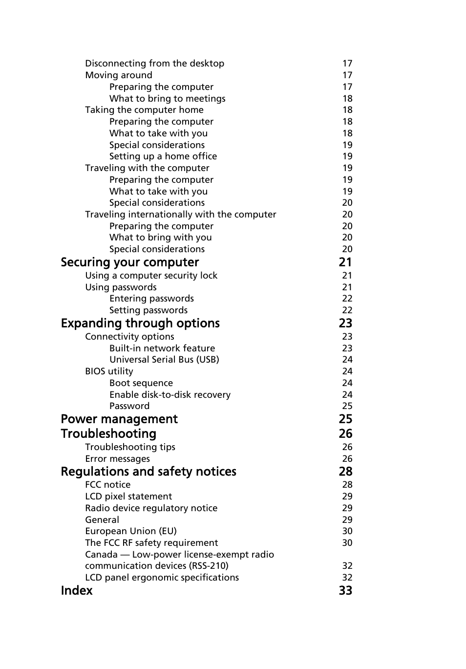 Securing your computer 21, Expanding through options 23, Power management 25 troubleshooting 26 | Regulations and safety notices 28, Index 33 | Acer AO751h User Manual | Page 18 / 52