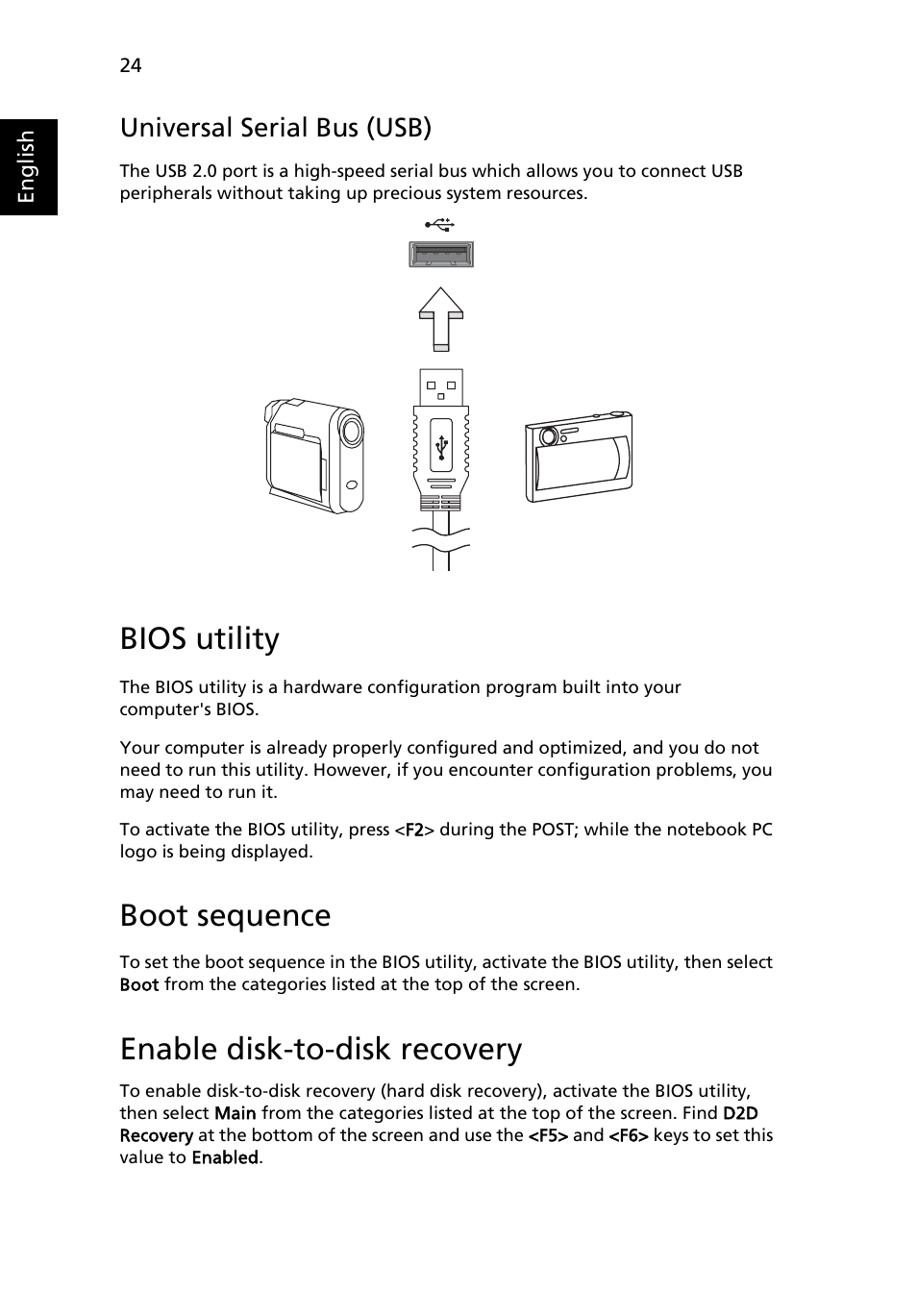 Bios utility, Universal serial bus (usb), Boot sequence | Enable disk-to-disk recovery | Acer AO751h User Manual | Page 42 / 52