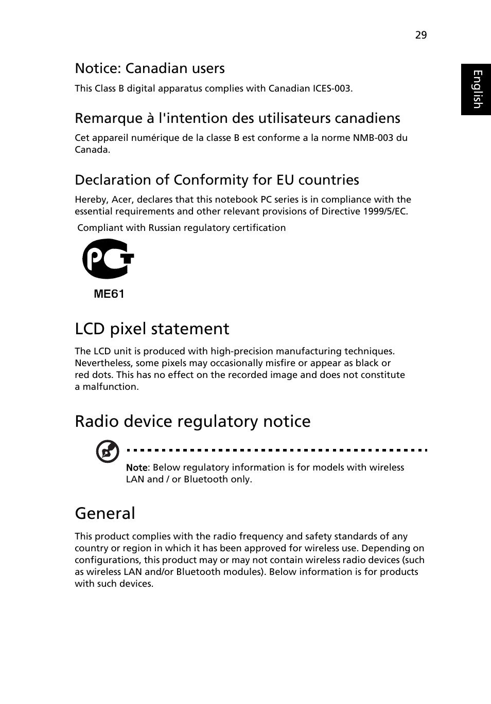 Lcd pixel statement, Radio device regulatory notice, General | Notice: canadian users, Remarque à l'intention des utilisateurs canadiens, Declaration of conformity for eu countries | Acer AO751h User Manual | Page 47 / 52