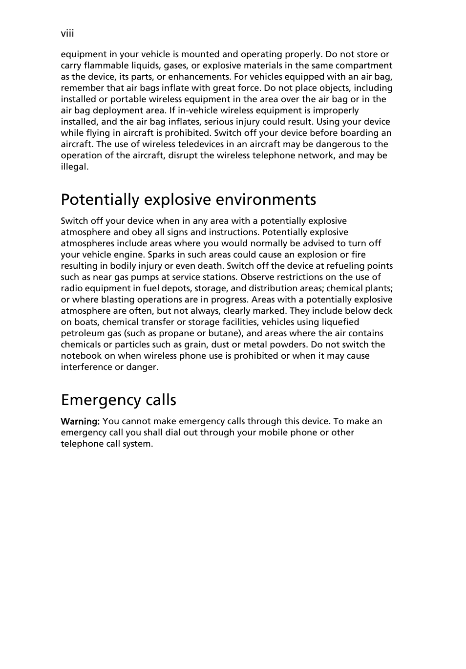 Potentially explosive environments, Emergency calls | Acer AO751h User Manual | Page 8 / 52