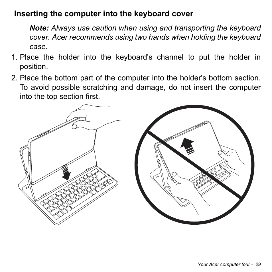 Inserting the computer into the keyboard cover | Acer Aspire P3-171 User Manual | Page 29 / 73