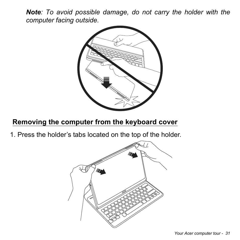 Removing the computer from the keyboard cover | Acer Aspire P3-171 User Manual | Page 31 / 73