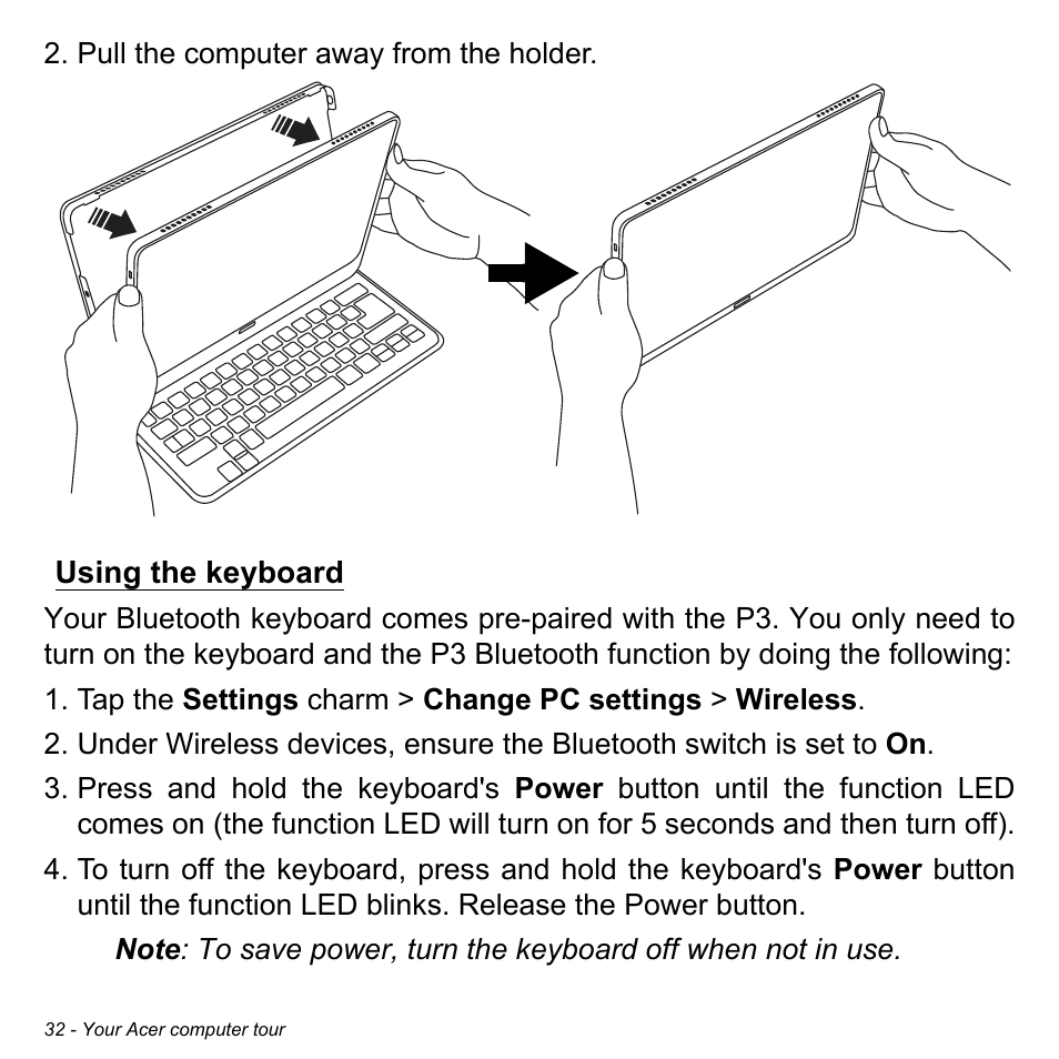 Using the keyboard | Acer Aspire P3-171 User Manual | Page 32 / 73