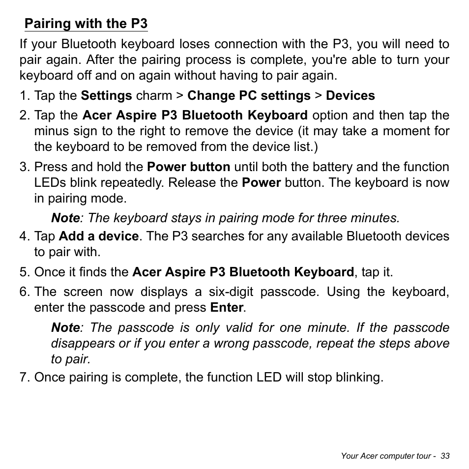 Pairing with the p3 | Acer Aspire P3-171 User Manual | Page 33 / 73