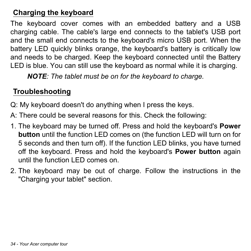 Charging the keyboard, Troubleshooting, Charging the keyboard troubleshooting | Acer Aspire P3-171 User Manual | Page 34 / 73