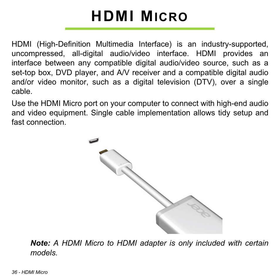 Hdmi micro, Hdmi m, Icro | Acer Aspire P3-171 User Manual | Page 36 / 73