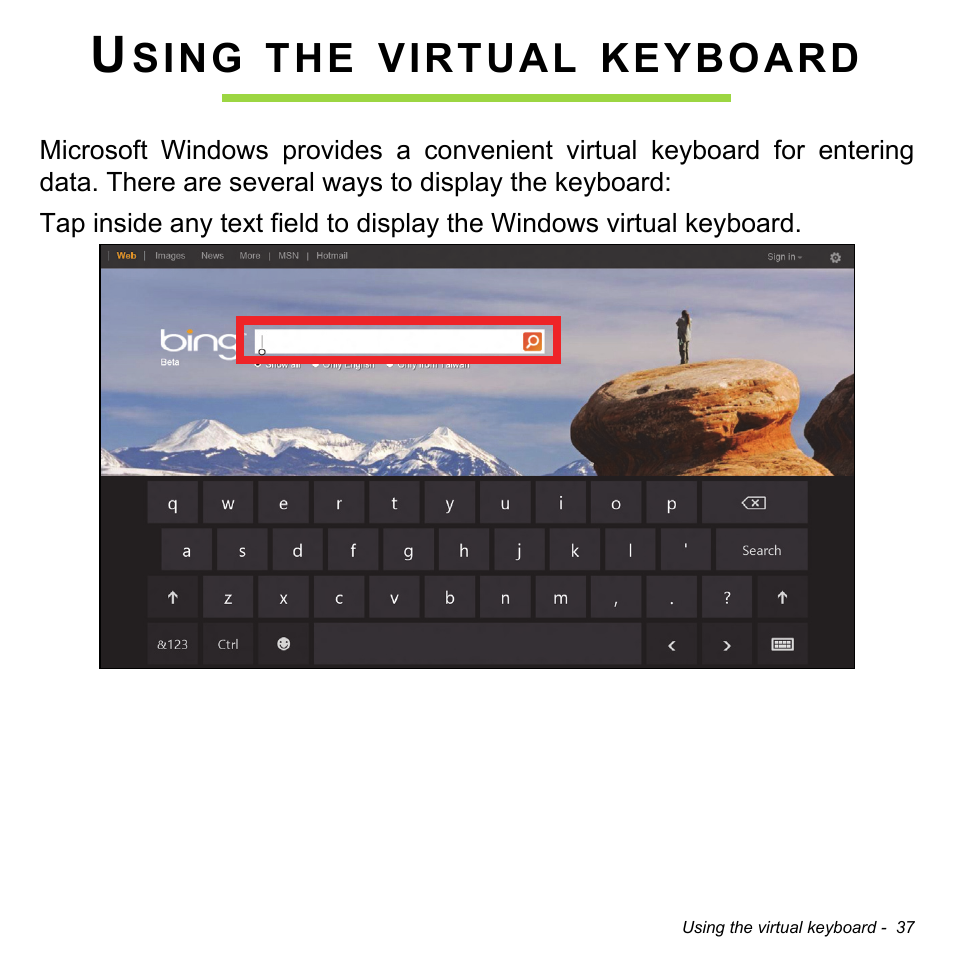 Using the virtual keyboard | Acer Aspire P3-171 User Manual | Page 37 / 73