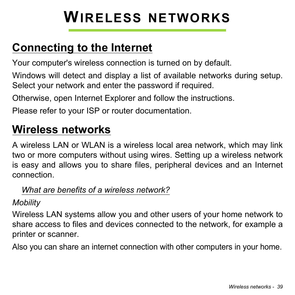 Wireless networks, Connecting to the internet, Connecting to the internet wireless networks | Ireless, Networks | Acer Aspire P3-171 User Manual | Page 39 / 73