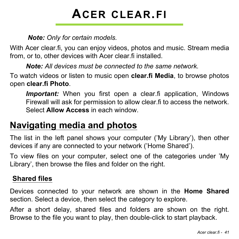 Acer clear.fi, Navigating media and photos, Shared files | Clear | Acer Aspire P3-171 User Manual | Page 41 / 73