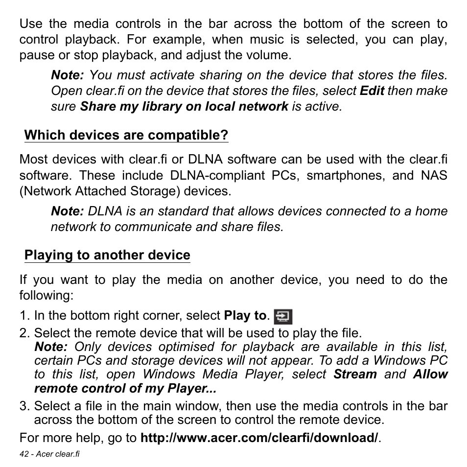 Which devices are compatible, Playing to another device | Acer Aspire P3-171 User Manual | Page 42 / 73