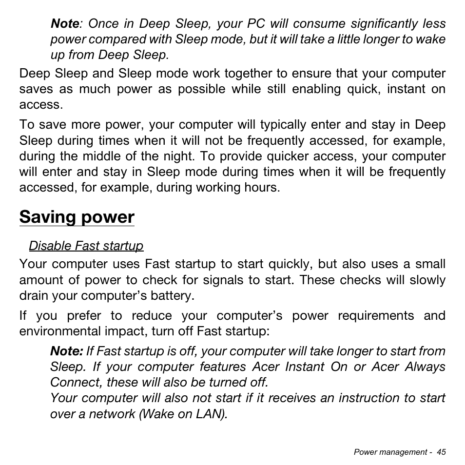 Saving power | Acer Aspire P3-171 User Manual | Page 45 / 73
