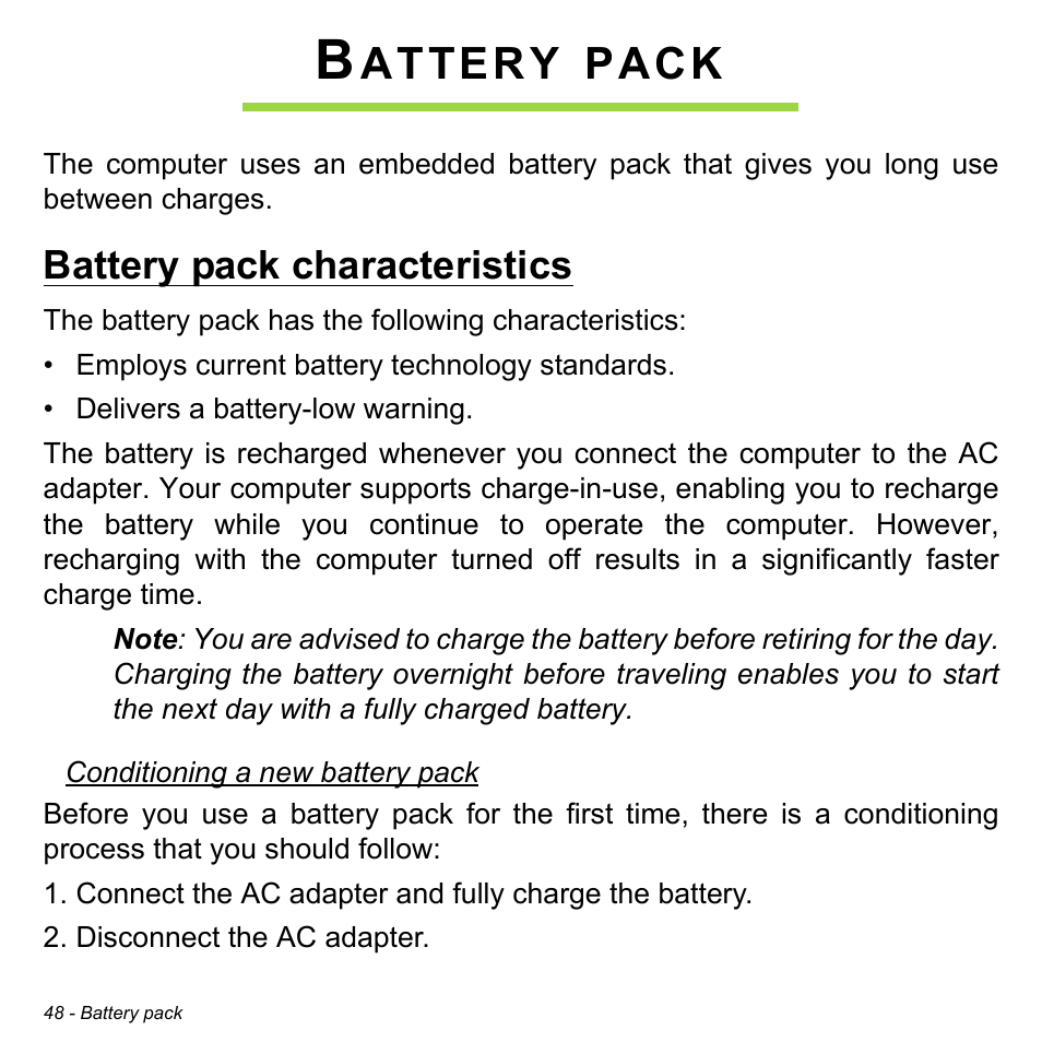Battery pack, Battery pack characteristics, Attery | Pack | Acer Aspire P3-171 User Manual | Page 48 / 73