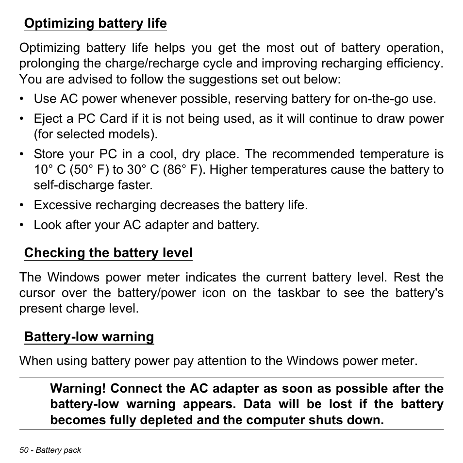 Optimizing battery life, Checking the battery level, Battery-low warning | Acer Aspire P3-171 User Manual | Page 50 / 73