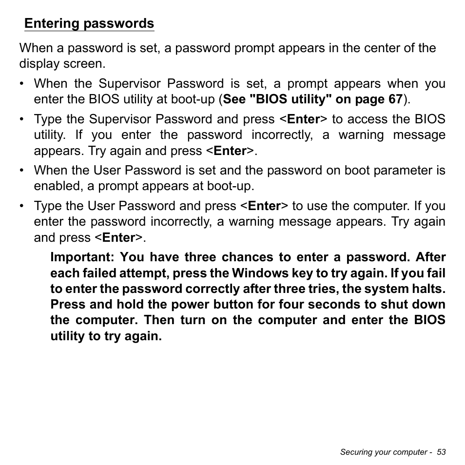 Entering passwords | Acer Aspire P3-171 User Manual | Page 53 / 73