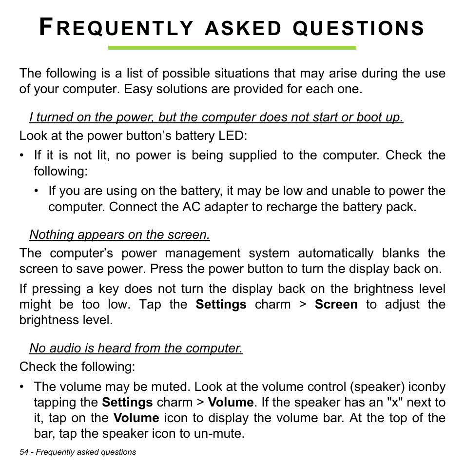 Frequently asked questions, Requently, Asked | Questions | Acer Aspire P3-171 User Manual | Page 54 / 73