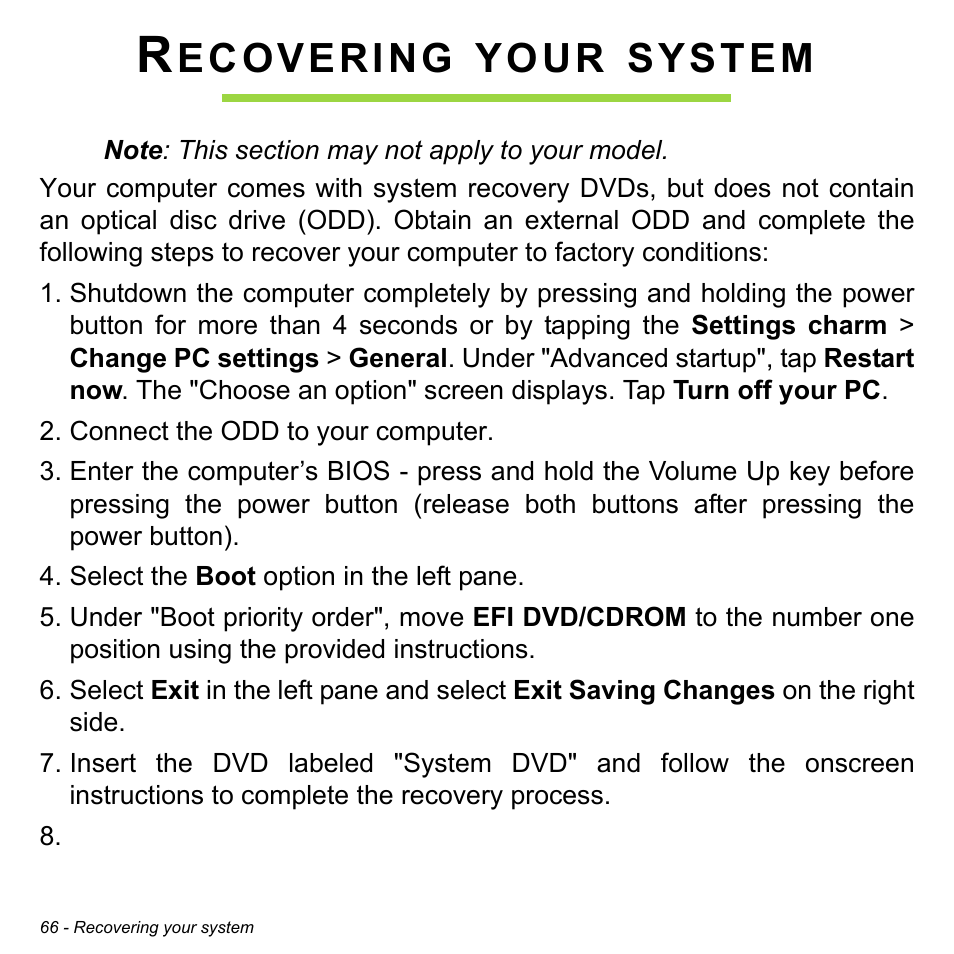 Recovering your system, Ecovering, Your | System | Acer Aspire P3-171 User Manual | Page 66 / 73
