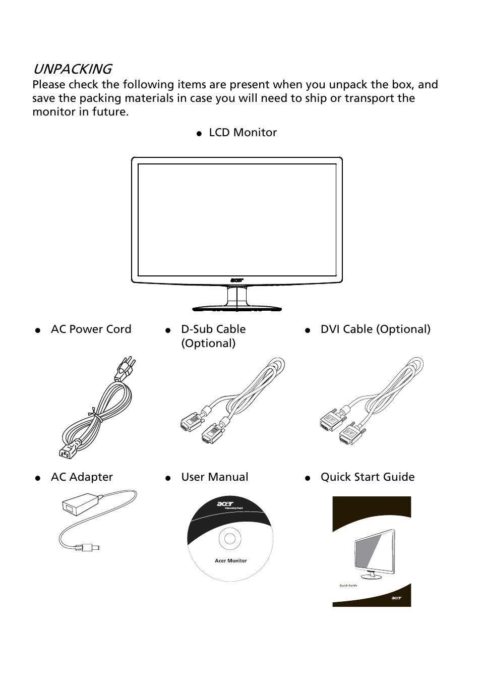 Unpacking, En-1, Lcd monitor | Ac power cord, D-sub cable (optional), Dvi cable (optional), Ac adapter, User manual, Quick start guide | Acer S240HL User Manual | Page 10 / 27
