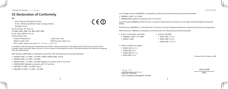 Ce declaration of conformity | Acer AOA150 User Manual | Page 3 / 8