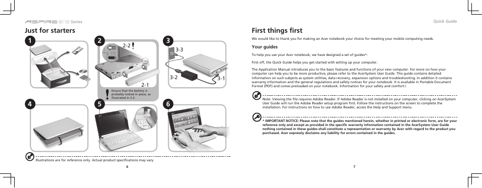 Just for starters first things first | Acer AOA150 User Manual | Page 4 / 8