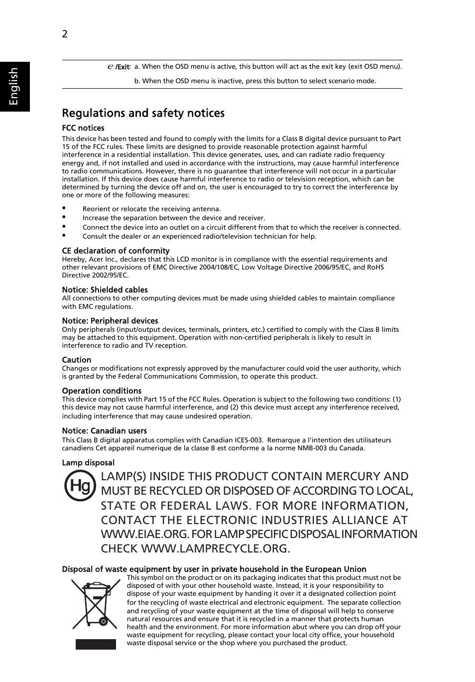 English regulations and safety notices | Acer V243HQ User Manual | Page 2 / 2