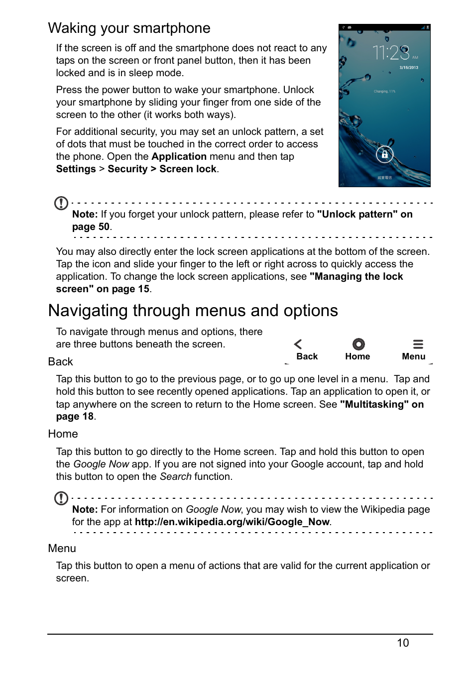 Waking your smartphone, Navigating through menus and options | Acer V370 User Manual | Page 10 / 64