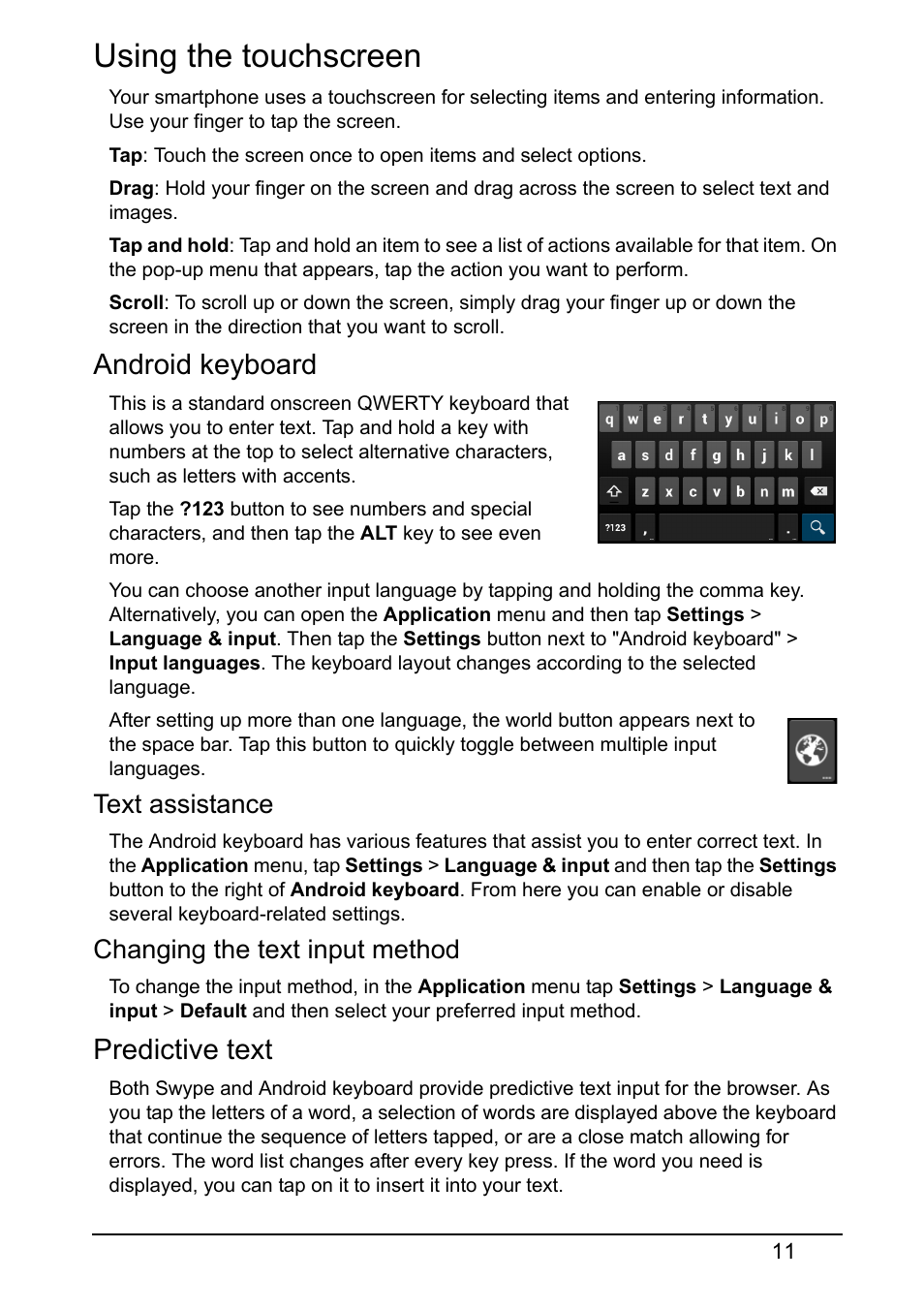 Using the touchscreen, Android keyboard, Predictive text | Acer V370 User Manual | Page 11 / 64