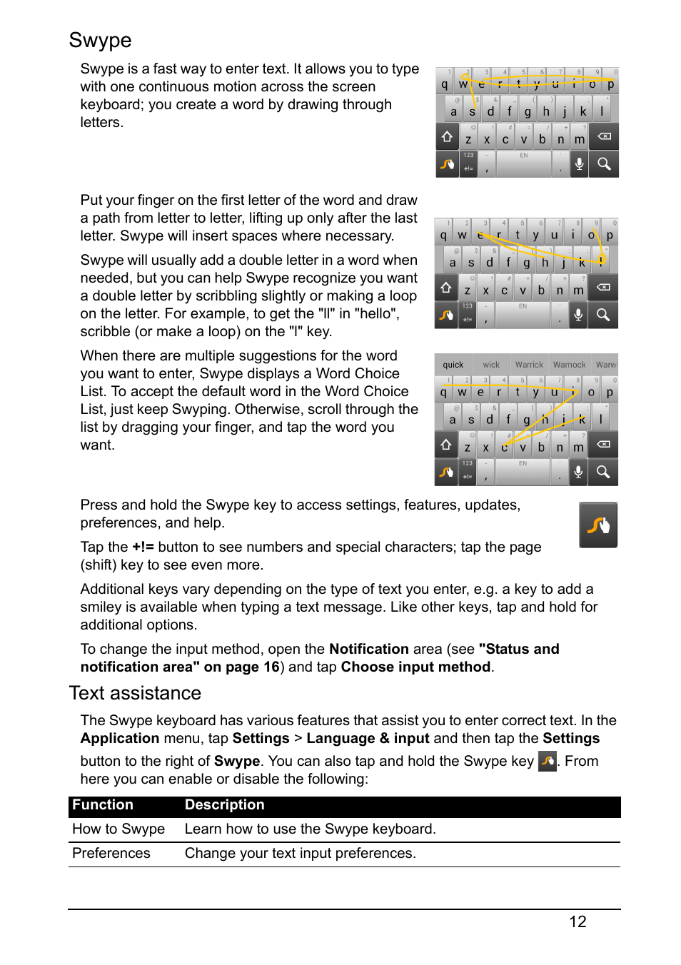 Swype, Text assistance | Acer V370 User Manual | Page 12 / 64