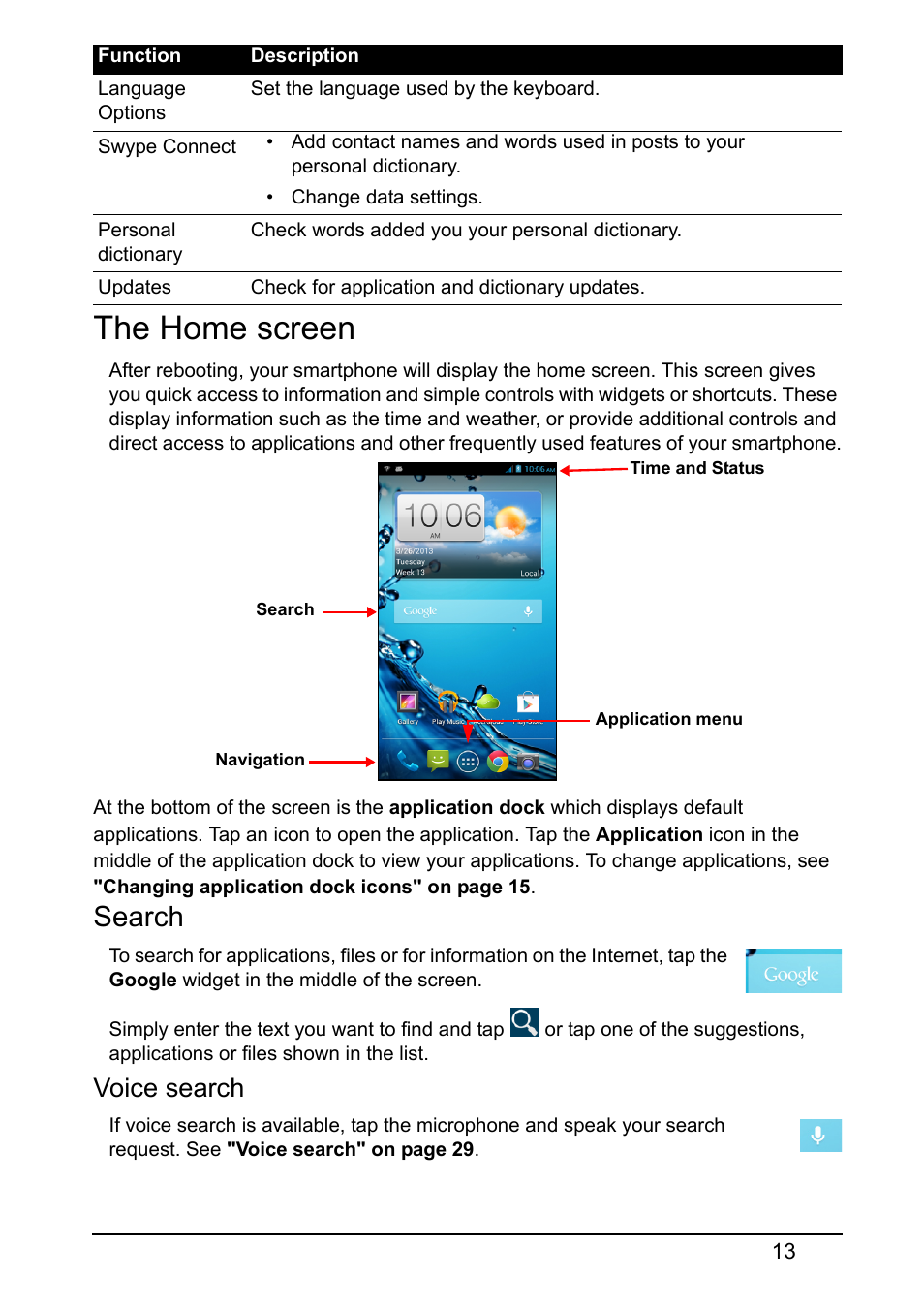 The home screen, Search, Voice search | Acer V370 User Manual | Page 13 / 64